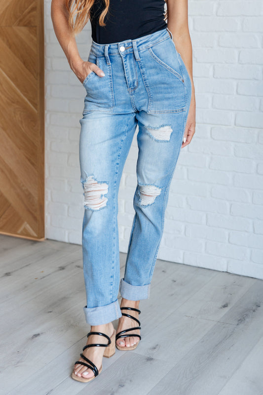 Judy Blue -Aiden High Rise Patch Pocket Distressed Boyfriend Jeans