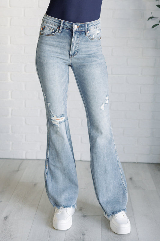 Judy Blue -Caroline Mid Rise Control Top Distressed Flare Jeans