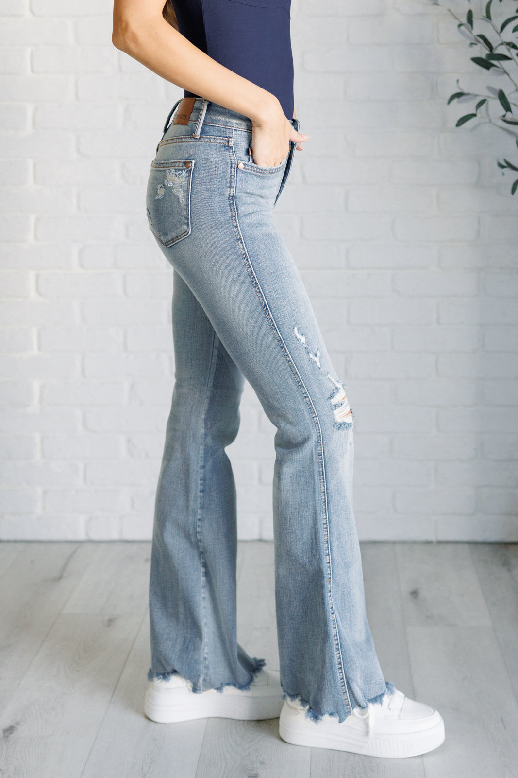 Judy Blue -Caroline Mid Rise Control Top Distressed Flare Jeans
