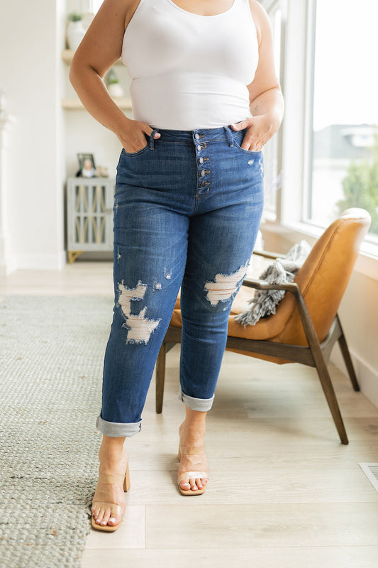 Judy Blue -Colt High Rise Button Fly Distressed Boyfriend Jeans