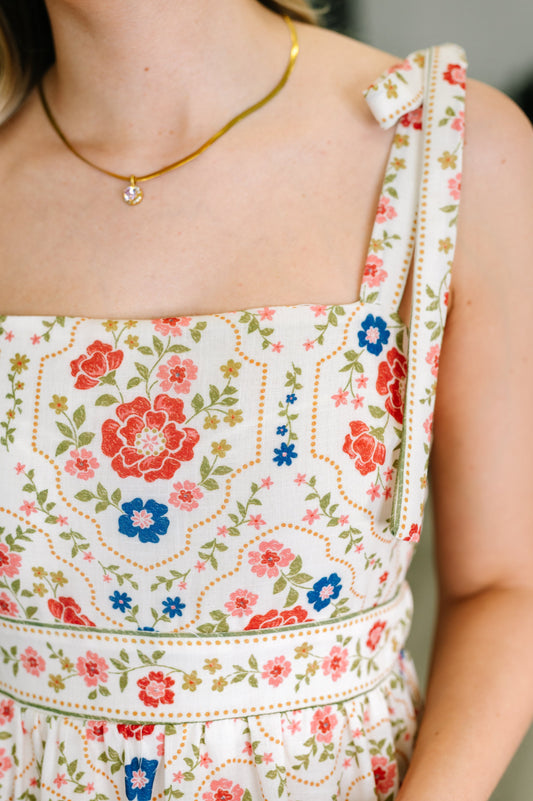 Country Crush Adjustable Strap Dress in Cream and Red
