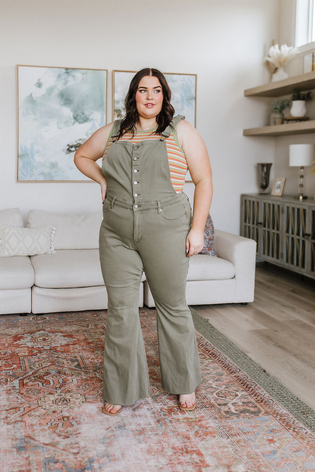 Judy Blue -Olivia Control Top Release Hem Overalls in Olive