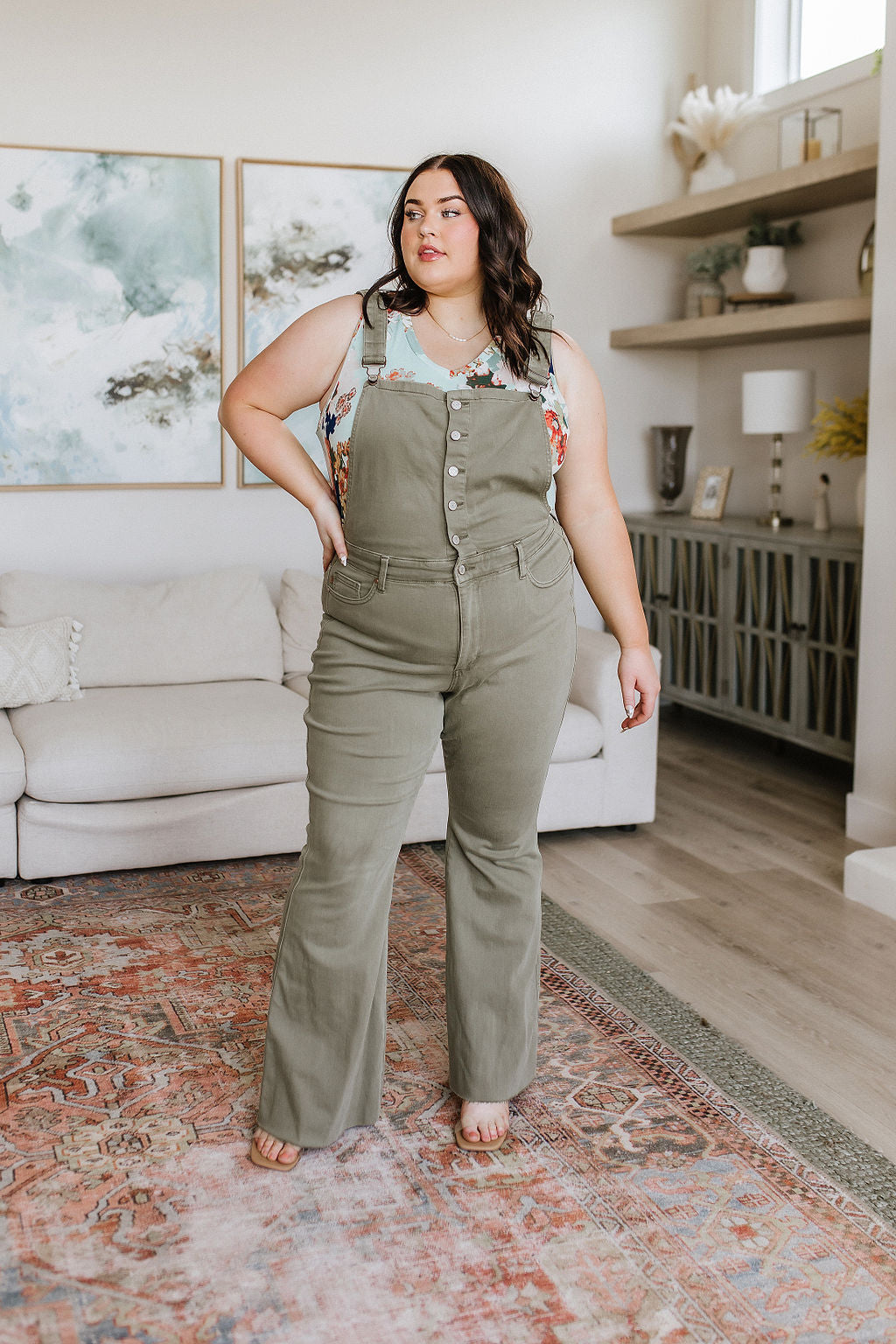 Judy Blue -Olivia Control Top Release Hem Overalls in Olive