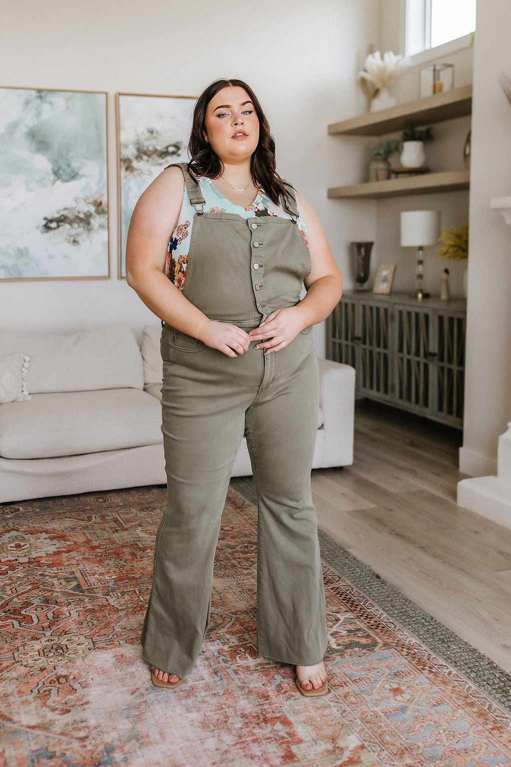 Judy Blue -Olivia Control Top Release Hem Overalls in Olive