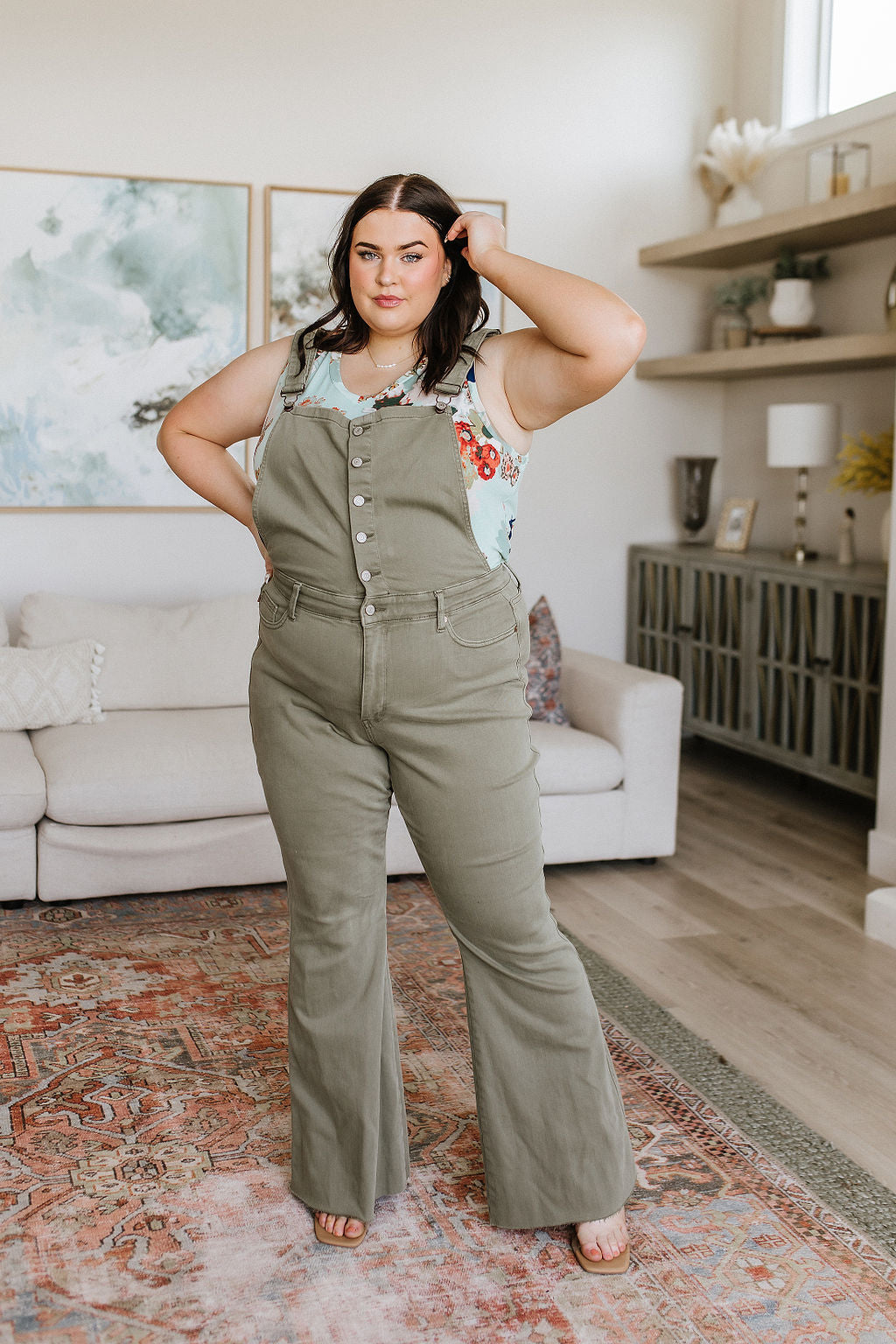 Judy Blue -Olivia Control Top Release Hem Overalls in Olive