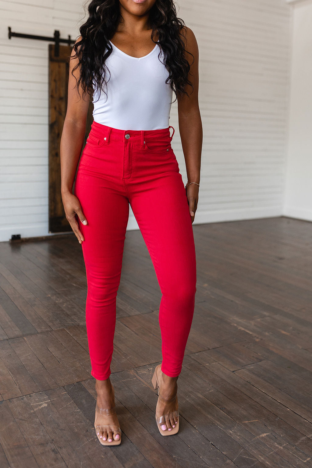 Judy Blue -Ruby High Rise Control Top Garment Dyed Skinny Jeans in Red