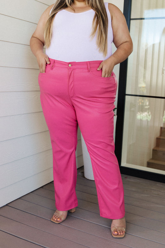 Judy Blue -Tanya Control Top Faux Leather Pants in Hot Pink