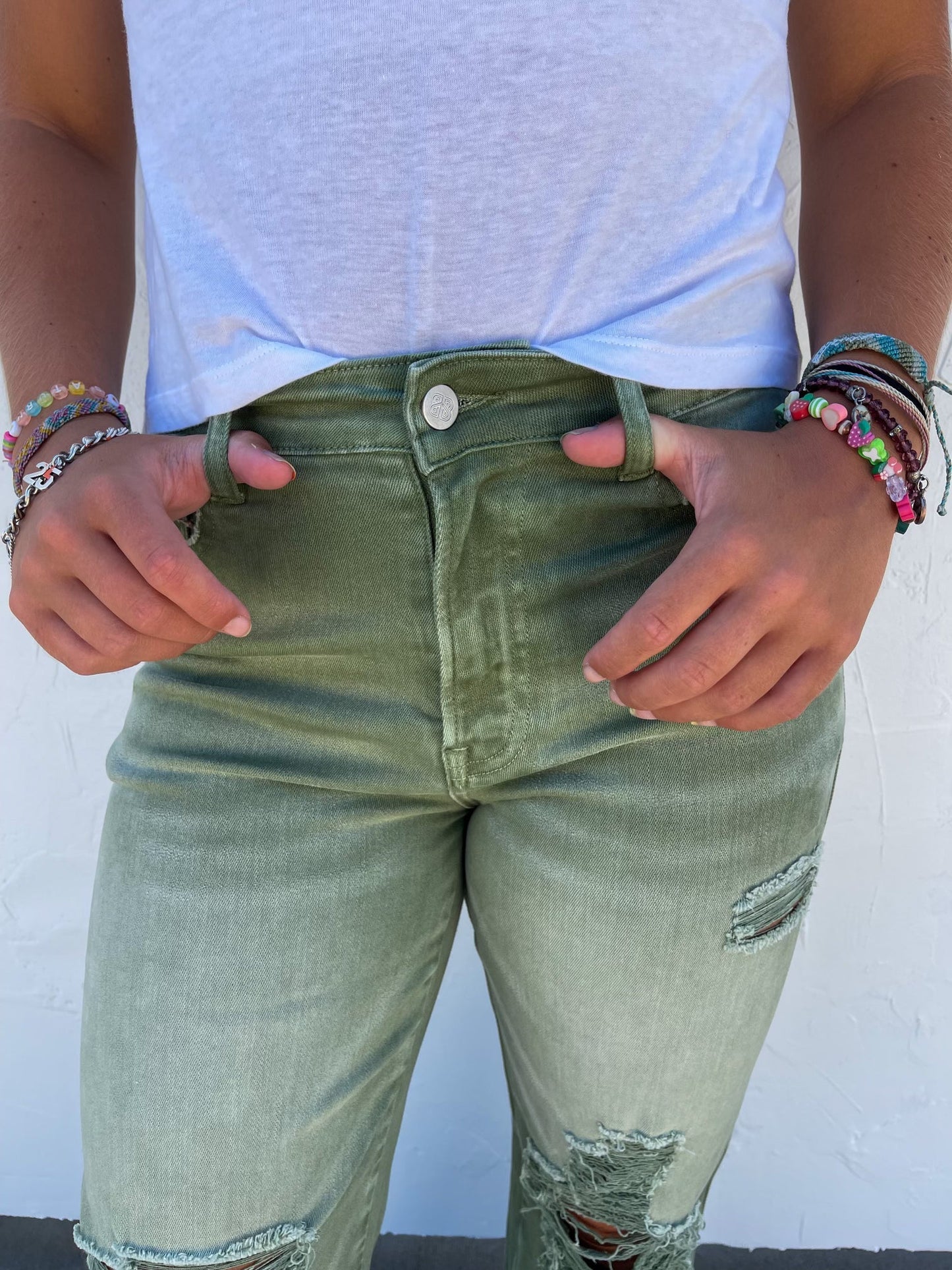 Judy Blue -Blakeley Distressed Jeans In Olive and Camel