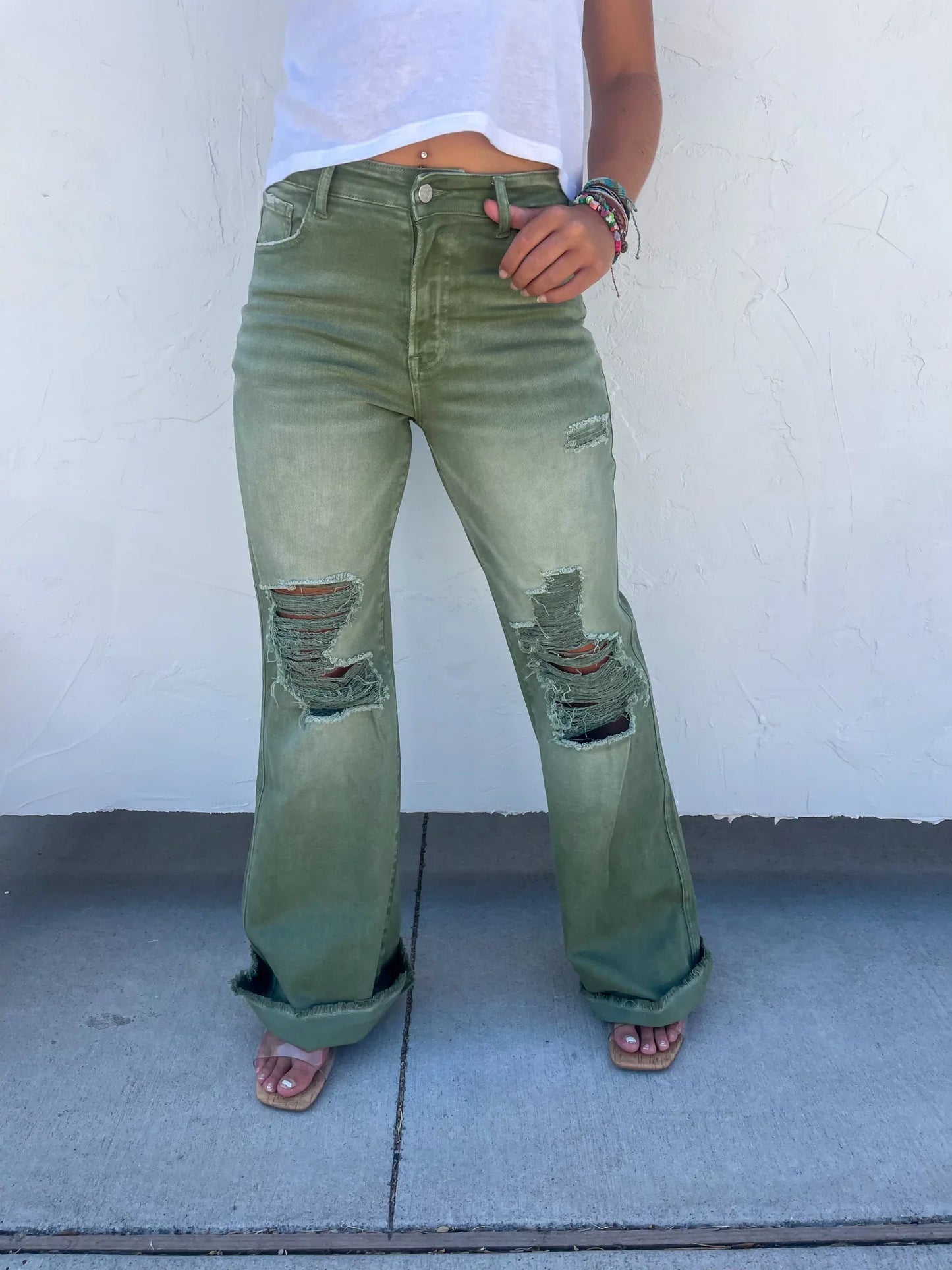 Judy Blue -Blakeley Distressed Jeans In Olive and Camel